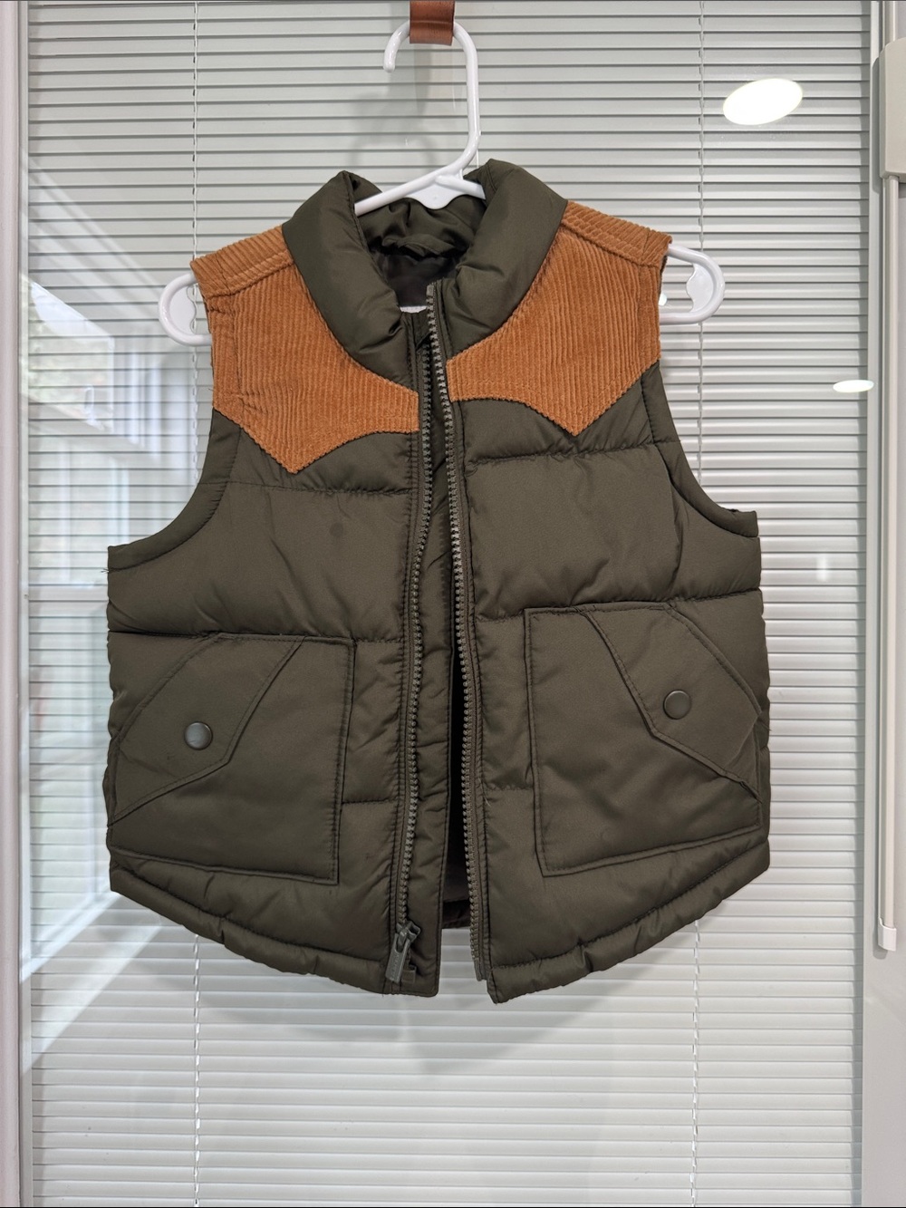 Old Navy Olive Green and Brown Corduroy Puffer Vest